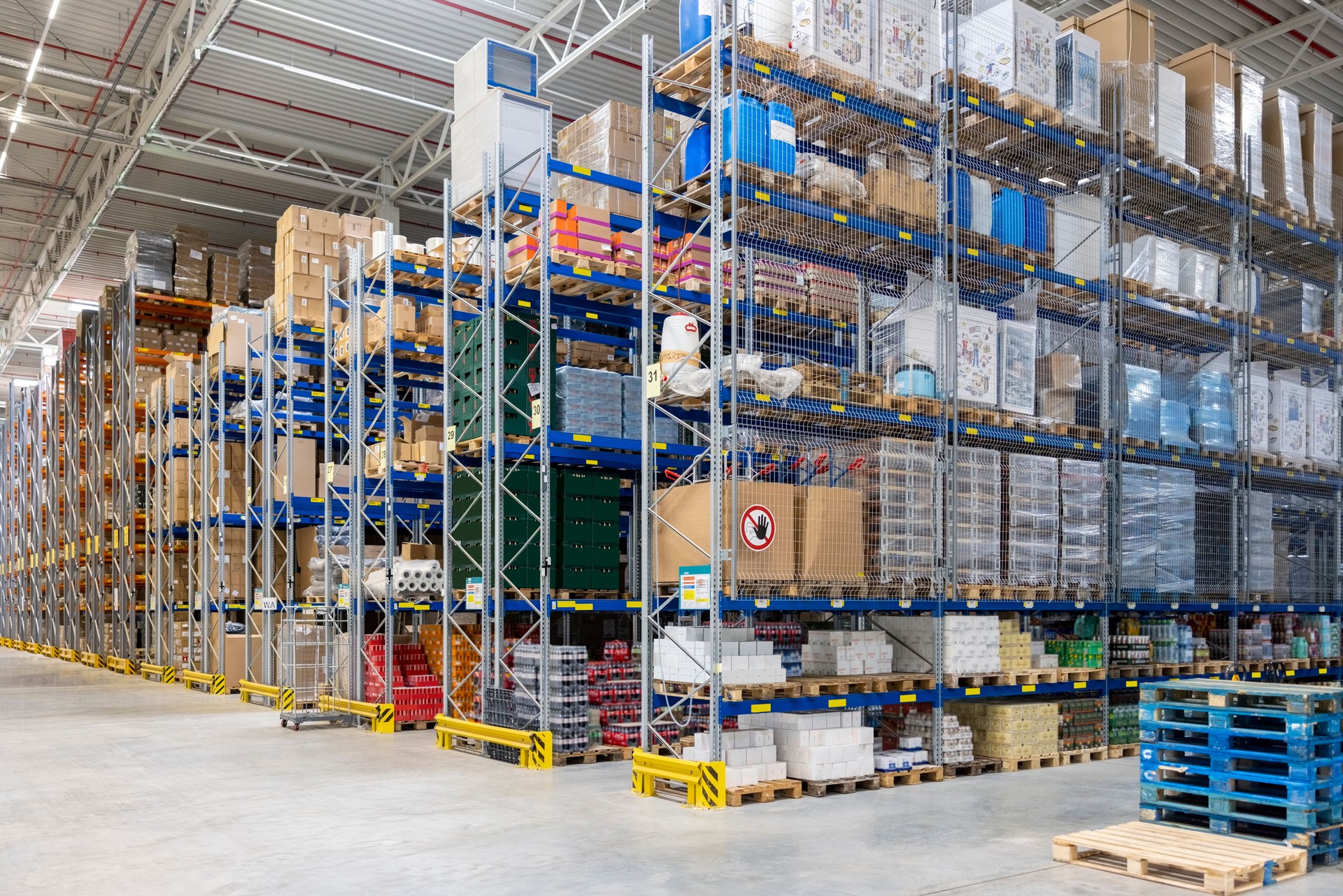 Large warehouse storage facility with shelves of goods